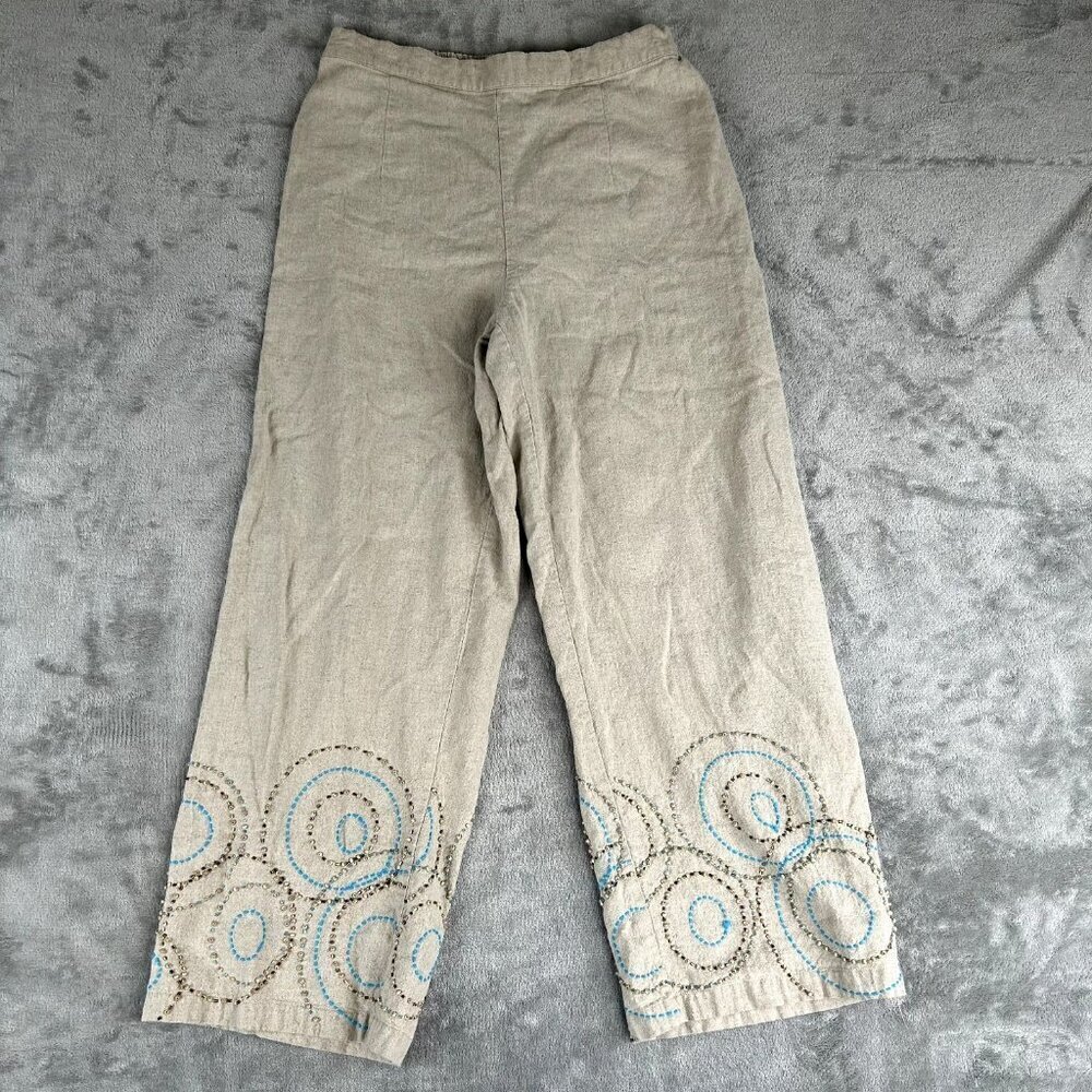 USINDO Indi Pants Womens Small Beige Linen Blend Wide Leg Elastic Waist Beaded